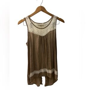 a' reve Lace Tank Top Sleeveless Casual Open Back Summer Blouse Tan Medium
